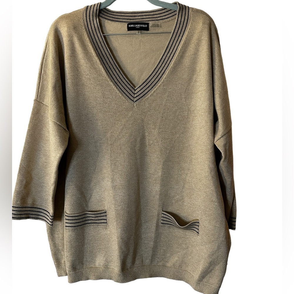 Karl Lagerfeld Paris Womens V Neck Pockets Pullover Sweater, Medium